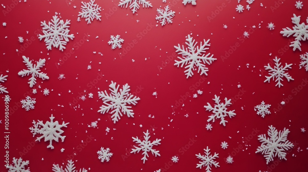 A festive display of white snowflakes scattered on a vibrant red background for winter decor