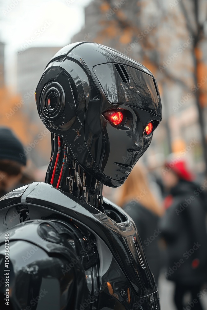 Fototapeta premium A futuristic robot with glowing red eyes stands in an urban environment during the dusk hours