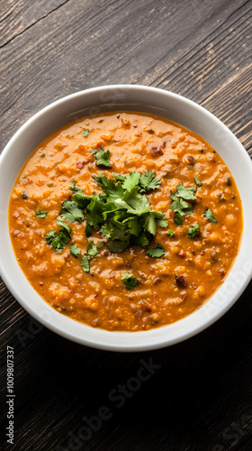 Delicious bowl of indian cuisine dal tadka is served with fresh herbs on a rustic wooden table