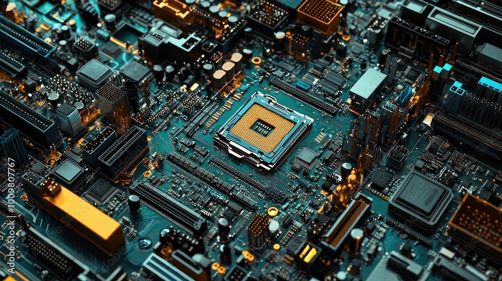 Close-up View of a Computer Motherboard with a CPU Socket Close-up View of a Computer Motherboard with a CPU Socket