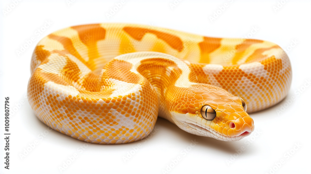 Snake coiled beautifully with vibrancy on a white background copy space Snake coiled beautifully with vibrancy on a white background copy space