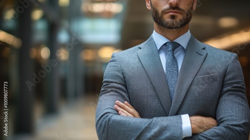 Confident man in a tailored suit stands with arms crossed inside a modern office building during daytime