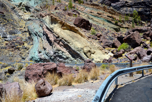 Los Azulejos de Veneguera. Rainbow colored rocks in the Mountains of Gran Canaria Island, Spain.