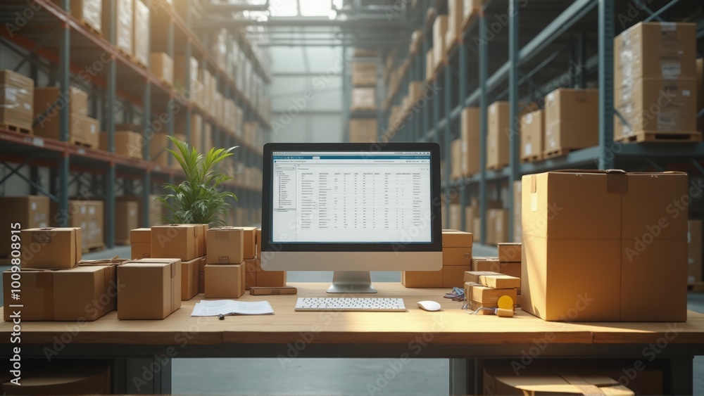 A warehouse setup showing a computer displaying an e-commerce system, surrounded by boxes ready for shipment. The image represents online retail operations and logistics management. A warehouse setup showing a computer displaying an e-commerce system, surrounded by boxes ready for shipment. The image represents online retail operations and logistics management.