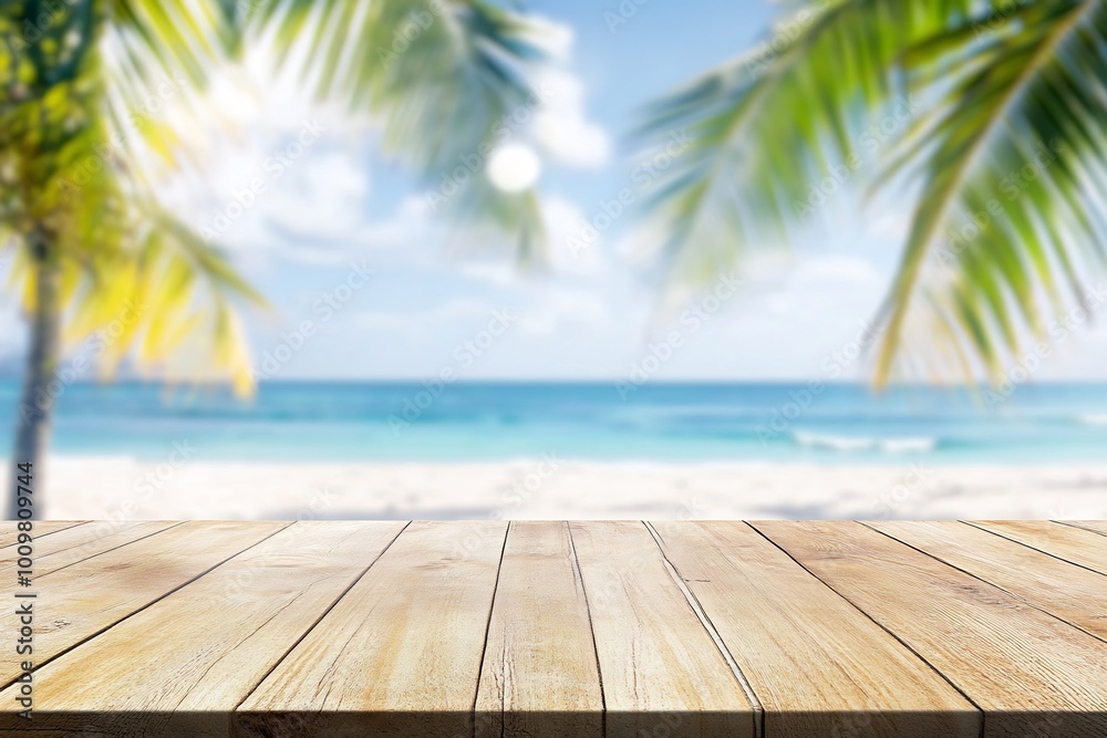 Tropical beach scene with wooden surface for display or presentation. Tropical beach scene with wooden surface for display or presentation.
