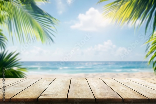 A serene beach scene with wooden tabletop and tropical foliage.