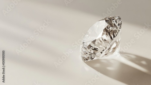 A sparkling diamond on a smooth surface with soft shadows highlighting its brilliance