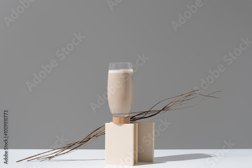 Modern presentation of tigernut horchata on a minimalist set