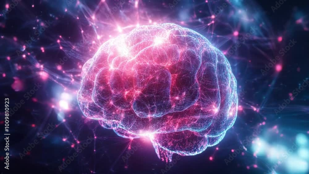 
The video showcases a futuristic glowing brain embedded in detailed neural networks, representing the remarkable evolution of artificial intelligence and its transformative impact on technology.