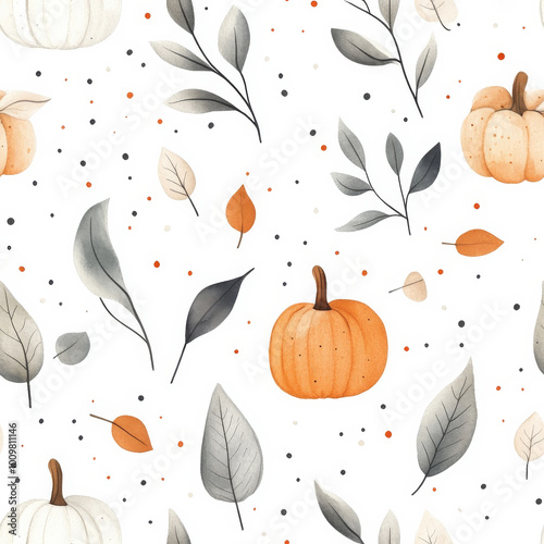 Stylized pumpkins and leaves in a seamless pattern with soft neutral tones. Great for autumn decor or Halloween-themed projects.