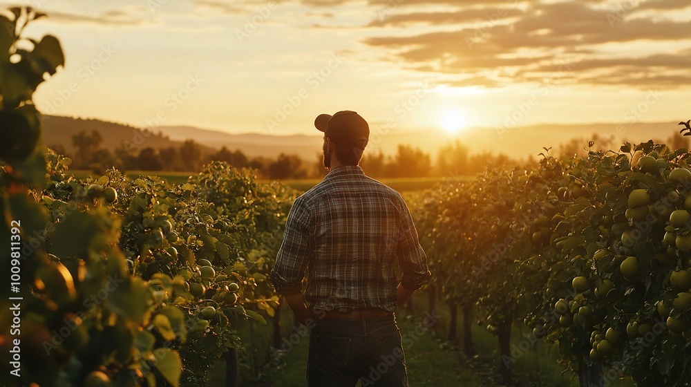 Fototapeta premium Proud Farmer Enjoying His Orchard at Sunset
