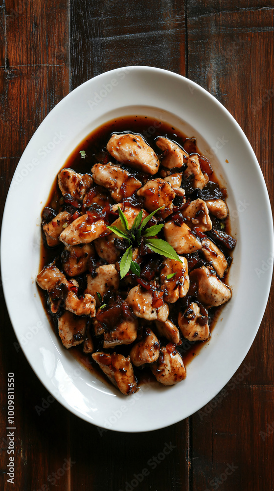 Rustic wooden table features a white oval plate filled with savory black bean sauce chicken, topped with fresh green herbs Rustic wooden table features a white oval plate filled with savory black bean sauce chicken, topped with fresh green herbs