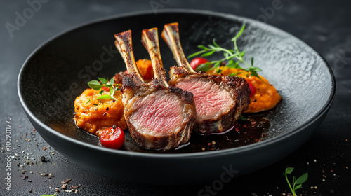 A gourmet dish featuring perfectly cooked lamb chops served with a side of roasted vegetables. Culinary publications, restaurant menus, or content related to fine dining and gastronomy.