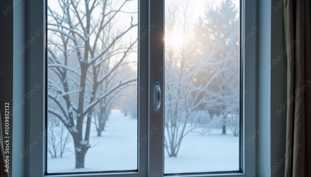 Fototapeta premium Insulated window background, close-up of double-paned windows with frost on the outside, keeping the warmth in, practical and effective