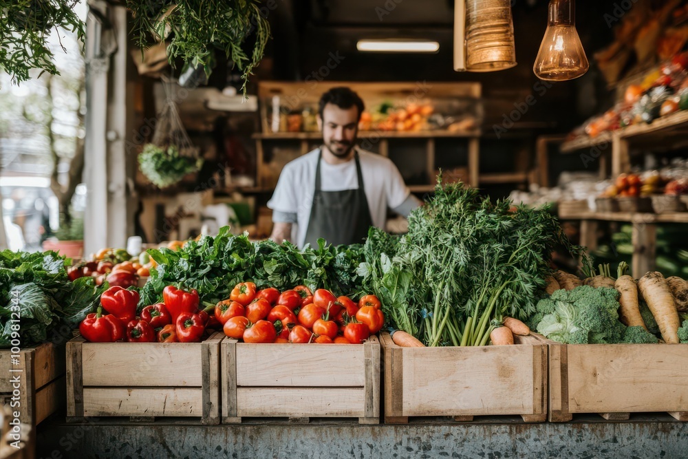 A vendor stands behind a wooden display of fresh vegetables in a market setting. A vendor stands behind a wooden display of fresh vegetables in a market setting.