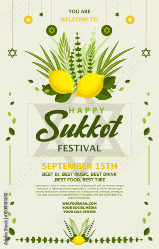 Happy Sukkot festival poster with flat design for poster, social media, flyer, greeting card