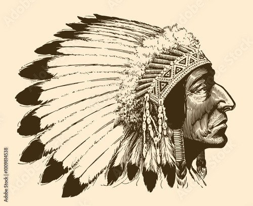 Head in profle view of Native American chief wearing feather bonnet