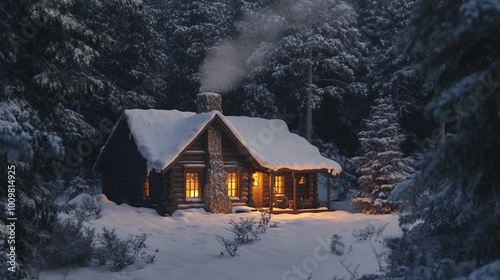 A small, wooden cabin with a snow-covered roof and windows glowing with warm light sits in a snowy forest. Smoke rises from the chimney. 