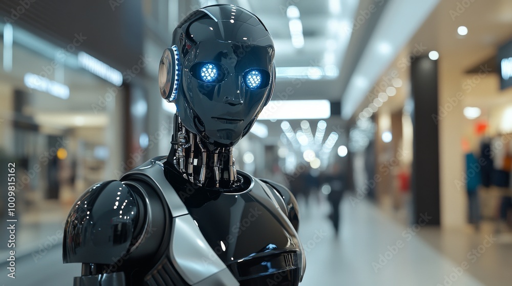 A humanoid robot with glowing blue eyes stands in a modern shopping mall during the day A humanoid robot with glowing blue eyes stands in a modern shopping mall during the day