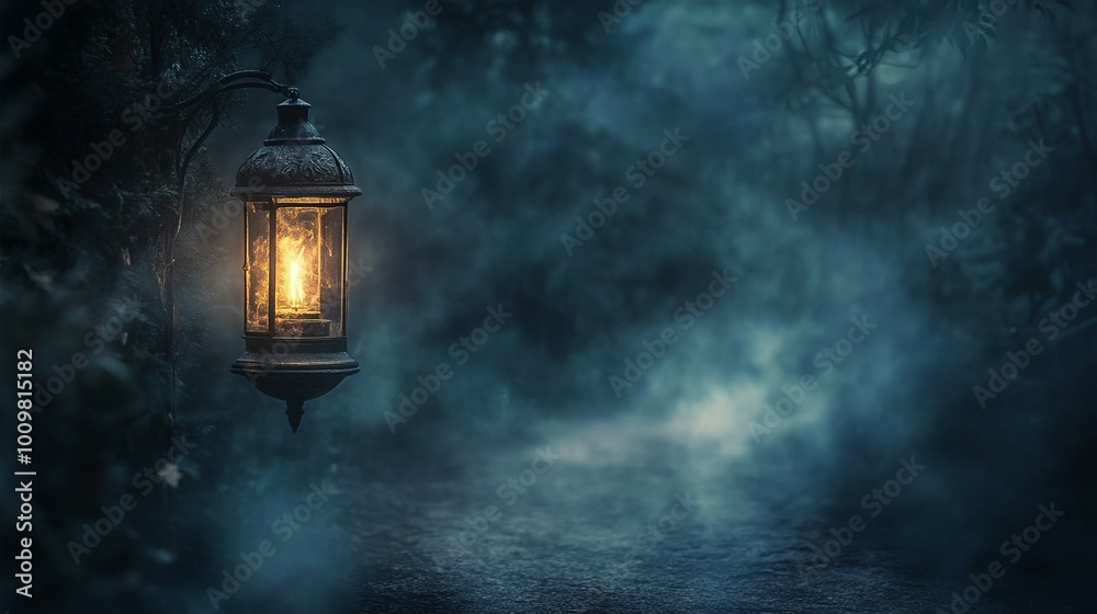 A single lantern illuminates a foggy path in a dark forest. A single lantern illuminates a foggy path in a dark forest.