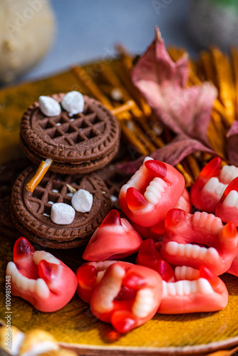 Colorful Halloween themed sweets featuring cookies and candy