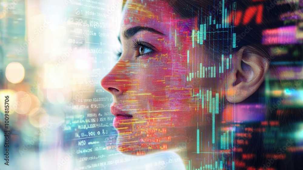 Woman's Face Overlaid with Digital Data and Lights Woman's Face Overlaid with Digital Data and Lights