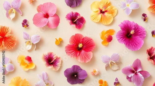 A vibrant arrangement of various colorful flowers on a light background.