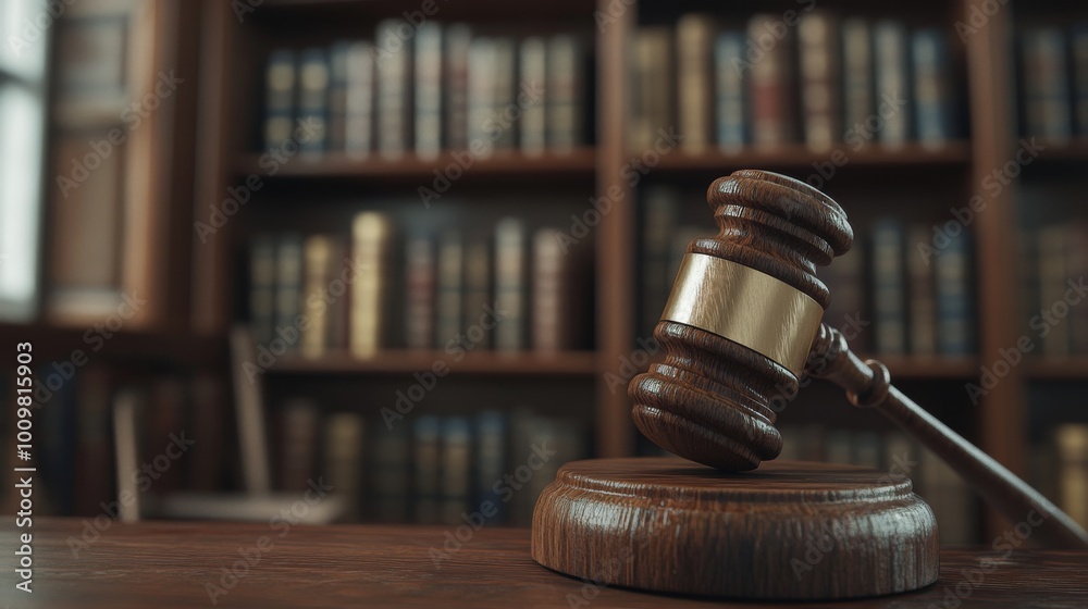 Gavel resting on wooden block in a law library filled with legal books and resources Gavel resting on wooden block in a law library filled with legal books and resources