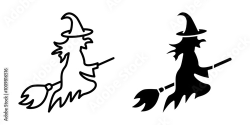 Witch flying on a broom icon. Halloween witch with broom vector illustration. Sorceress silhouette. Female magician carnival costume. Enchantress broomstick and hat symbol. Witchcraft wizard character