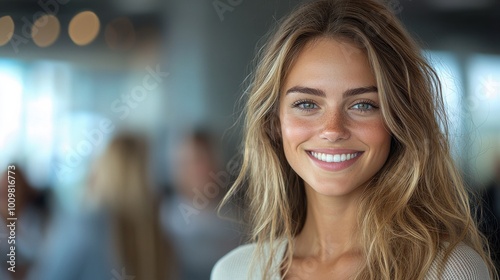 Wallpaper Mural A young woman smiles brightly in a modern cafe, surrounded by blurred patrons enjoying their time during the afternoon Torontodigital.ca