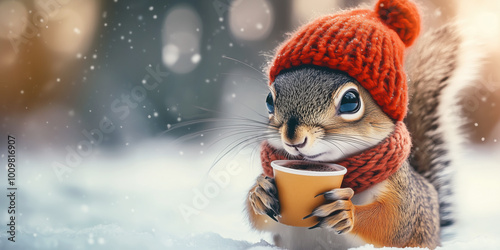 Squirrel in Knitted Cap and Scarf Driks Hot Chocolate from Cup Banner with Copy Space photo