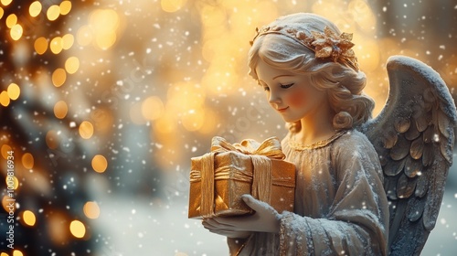 Little angel with christmas presents in her hands, christmas lights and snowfall in the background, big editable space