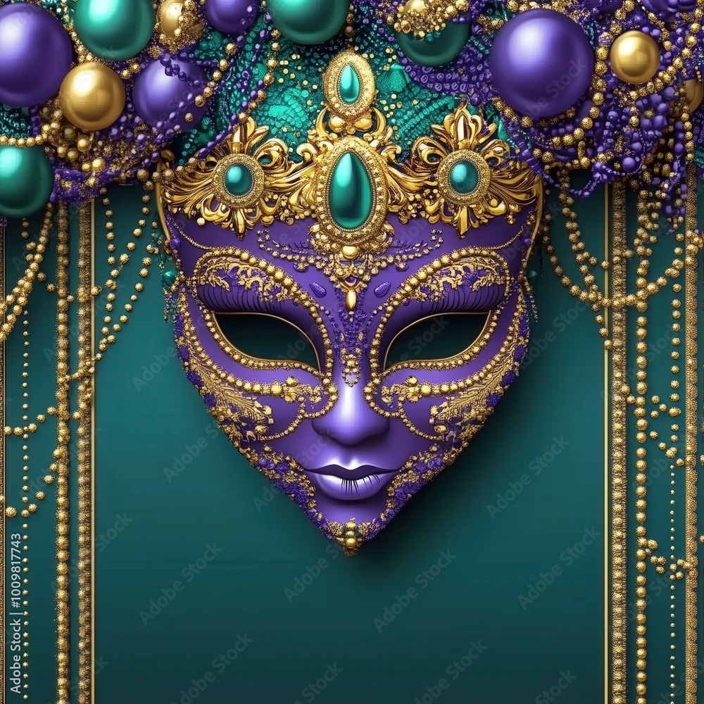 Naklejka premium Mardi Gras-themed illustration, background, digital backdrop with beads and masks, in shades of purple, green, teal, and gold