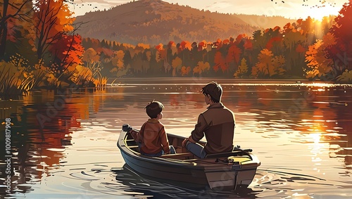 Father and Son Rowing on a Tranquil Lake at Sunset