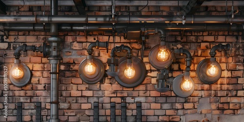 Vintage industrial-style wall with retro lightbulbs and pipes on a brick background for a steampunk inspired aesthetic photo