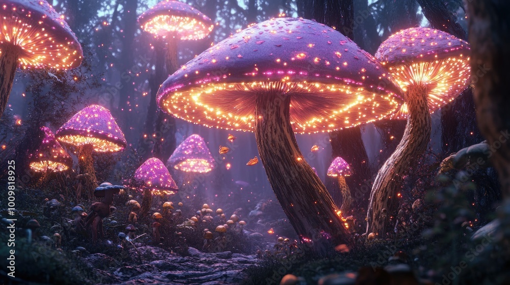 A Forest of Glowing, Purple Mushrooms with Intricate Details A Forest of Glowing, Purple Mushrooms with Intricate Details