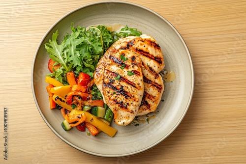 Grilled chicken breast with roasted vegetables and arugula on a plate.