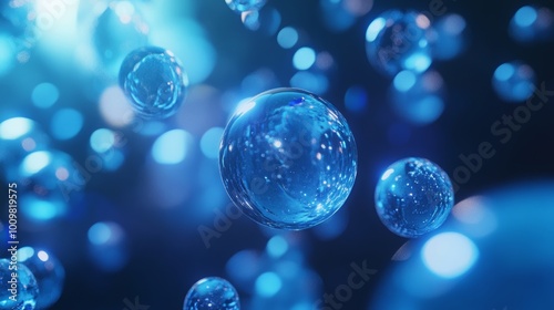 Spheres or balls merge like liquid wax drops or metaballs in-air. Liquid gradient of blue colors on beautiful drops with glow, scattering light inside. 