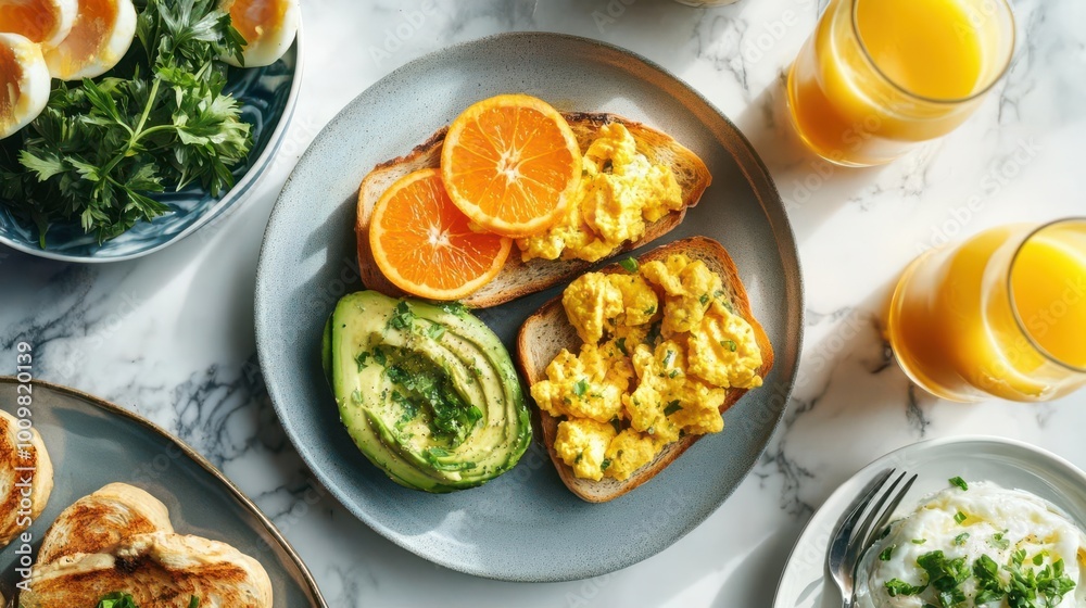 A vibrant breakfast plate featuring eggs, avocado, orange slices, and drinks. A vibrant breakfast plate featuring eggs, avocado, orange slices, and drinks.