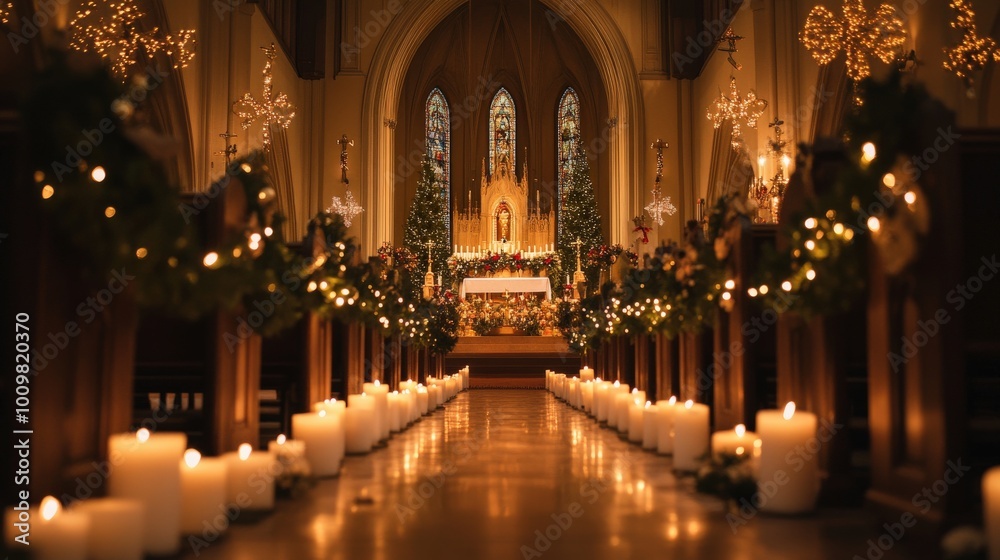 Fototapeta premium The chapel is aglow with candlelight as congregants gather for the Christmas Eve midnight mass, surrounded by festive decorations and a tranquil atmosphere