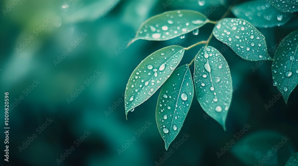 Beautiful details of nature. Morning dew drops on fresh green leaf. Summer nature macro pattern, fresh rain drops on green leaf. Peaceful tranquil ecology Beauty in nature. Relaxing soft blue-green. Beautiful details of nature. Morning dew drops on fresh green leaf. Summer nature macro pattern, fresh rain drops on green leaf. Peaceful tranquil ecology Beauty in nature. Relaxing soft blue-green.