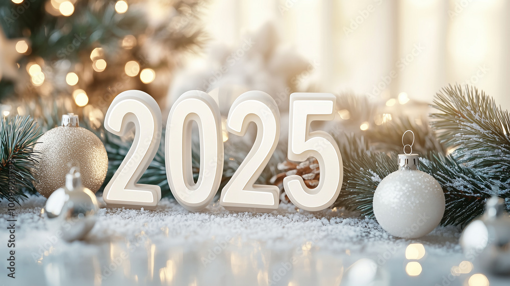 A Christmas-themed home interior with a large window, snowy outdoors, and 3D white numbers '2025' displayed near a Christmas tree