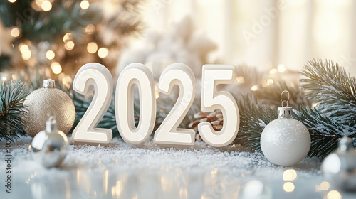 Obraz na płótnie A Christmas-themed home interior with a large window, snowy outdoors, and 3D white numbers '2025' displayed near a Christmas tree w salonie