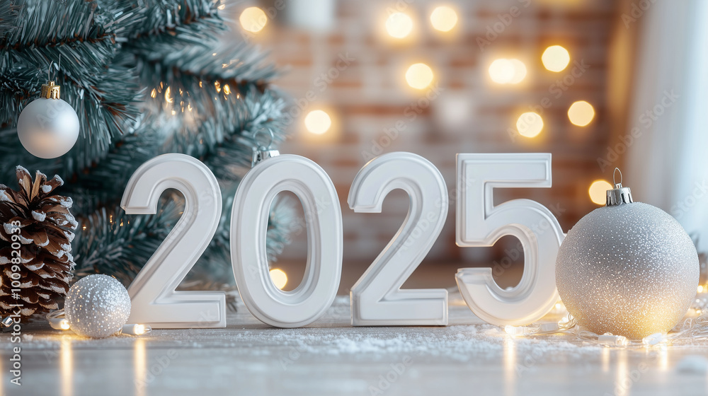 A Christmas-themed home interior with a large window, snowy outdoors, and 3D white numbers '2025' displayed near a Christmas tree