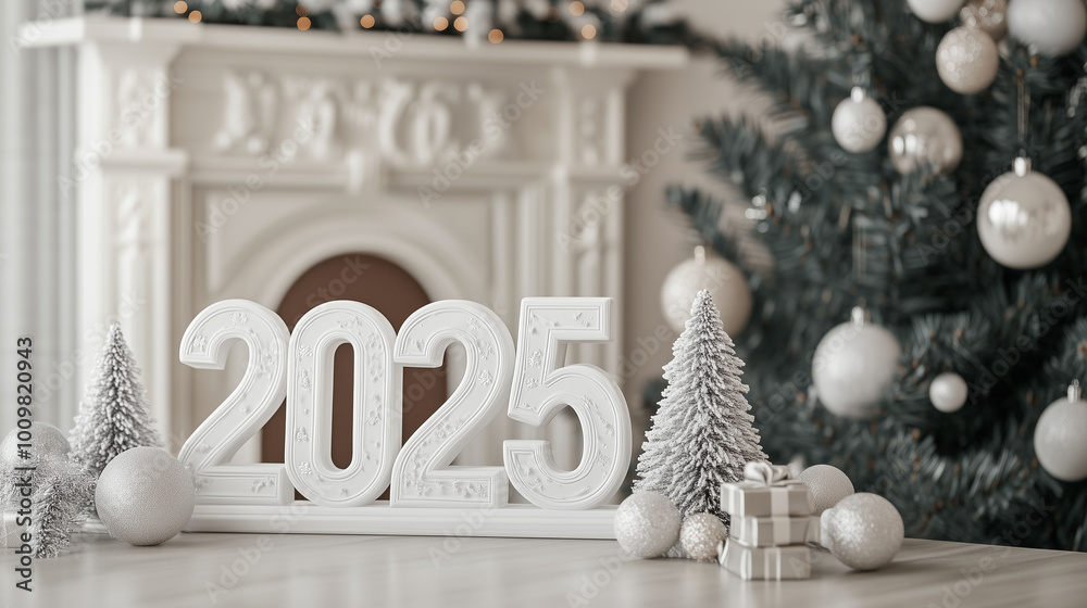 A Christmas-themed home interior with a large window, snowy outdoors, and 3D white numbers '2025' displayed near a Christmas tree