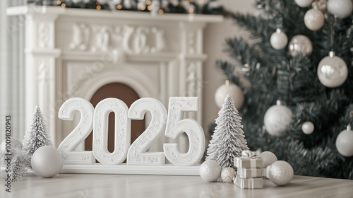 Obraz na płótnie A Christmas-themed home interior with a large window, snowy outdoors, and 3D white numbers '2025' displayed near a Christmas tree w salonie