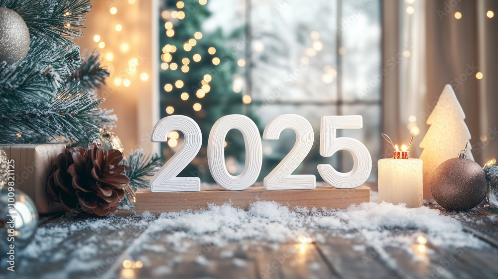 A Christmas-themed home interior with a large window, snowy outdoors, and 3D white numbers '2025' displayed near a Christmas tree