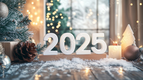Obraz na płótnie A Christmas-themed home interior with a large window, snowy outdoors, and 3D white numbers '2025' displayed near a Christmas tree w salonie