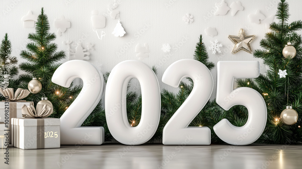A Christmas-themed home interior with a large window, snowy outdoors, and 3D white numbers '2025' displayed near a Christmas tree