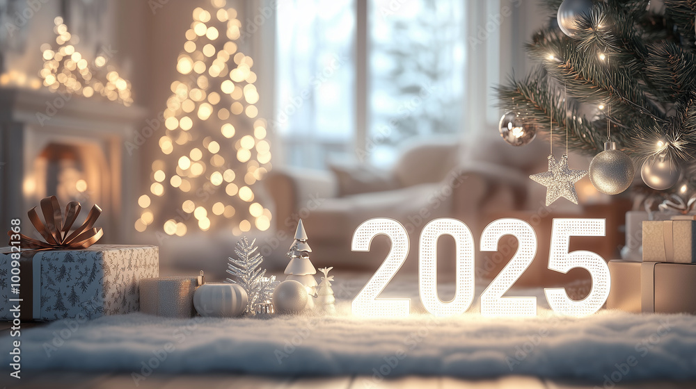A Christmas-themed home interior with a large window, snowy outdoors, and 3D white numbers '2025' displayed near a Christmas tree